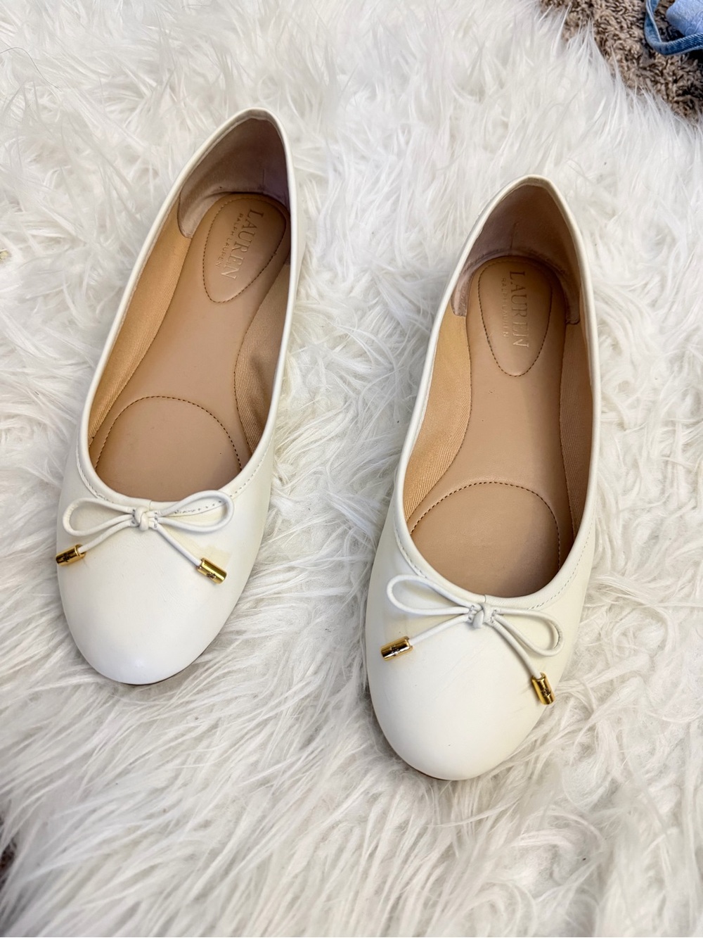 Lauren Ralph Lauren Cream Leather Ballet Flats with Bow and Gold Accents